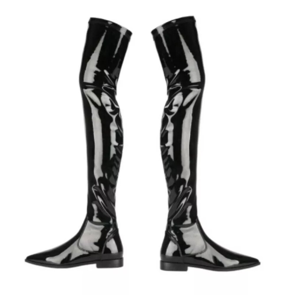 New Patent Leather Pointy Toe Thigh-High Flat Boots